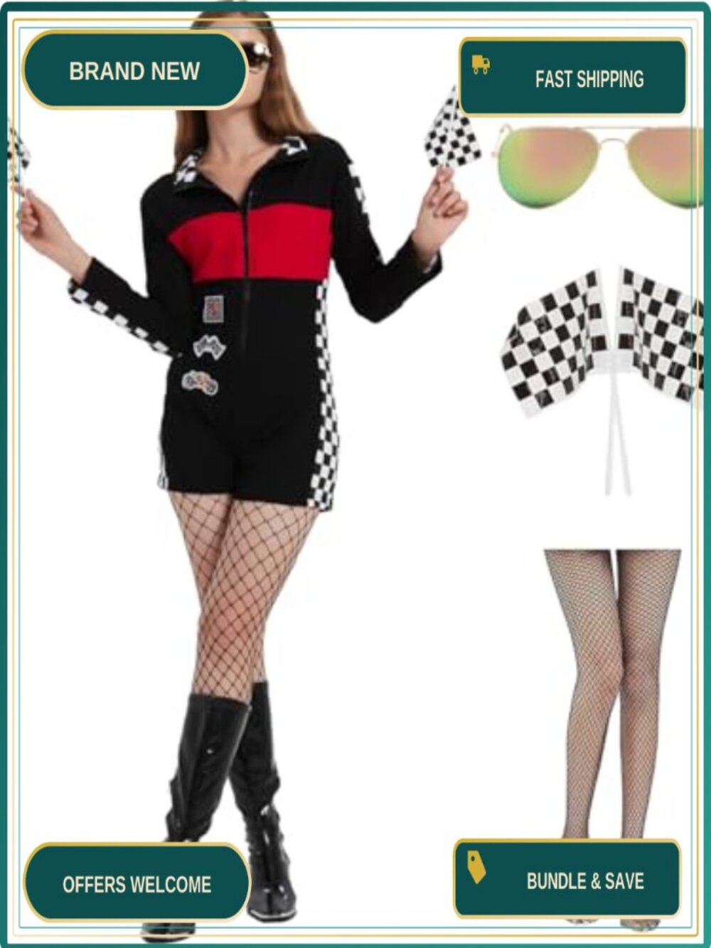 Sexy Race Car Driver Costume 5-Piece Halloween Outfit Jumper Sunglasses Tights